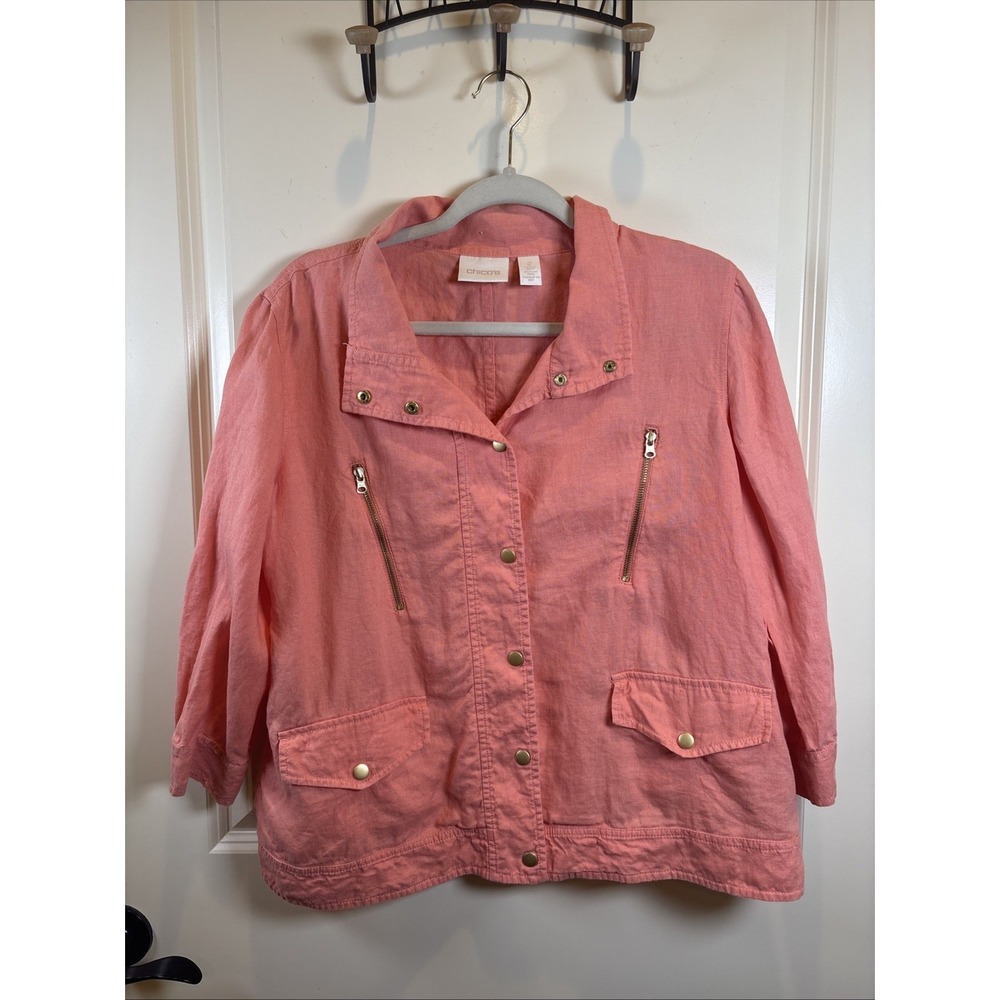 Chicos 100% Linen Jacket Lightweight Sz 2 (L 12-14) 3/4 Sleeve Resort Coastal